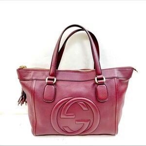 Auth Gucci Bordeaux Purple Leather SoHo Small GG Monogram Zip Working Tote